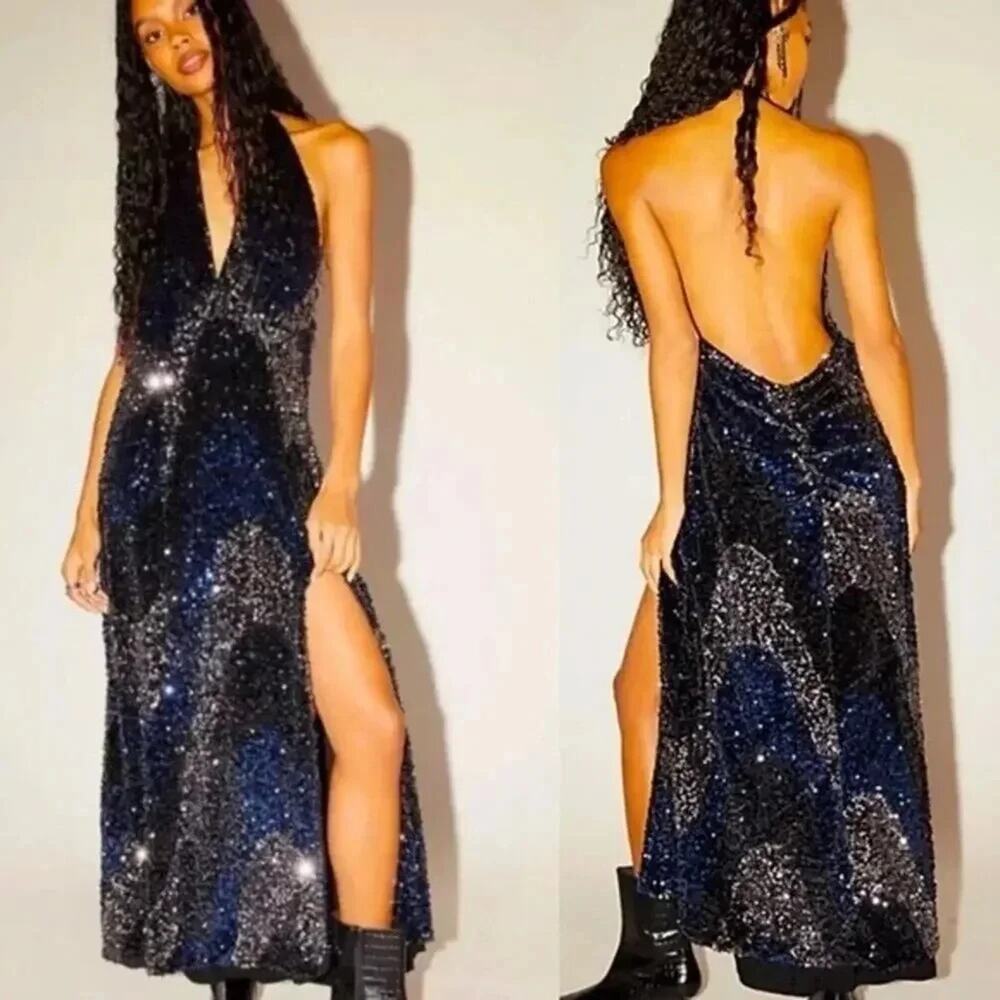 Free People Glitter Gold Midnight Sequin Plunging V Neck Midi Dress Small S NWT - Picture 3 of 5